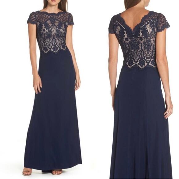 Tadashi Shoji Lace Crepe A-Line Sheath Maxi Dress Gown Navy - Picture 2 of 16